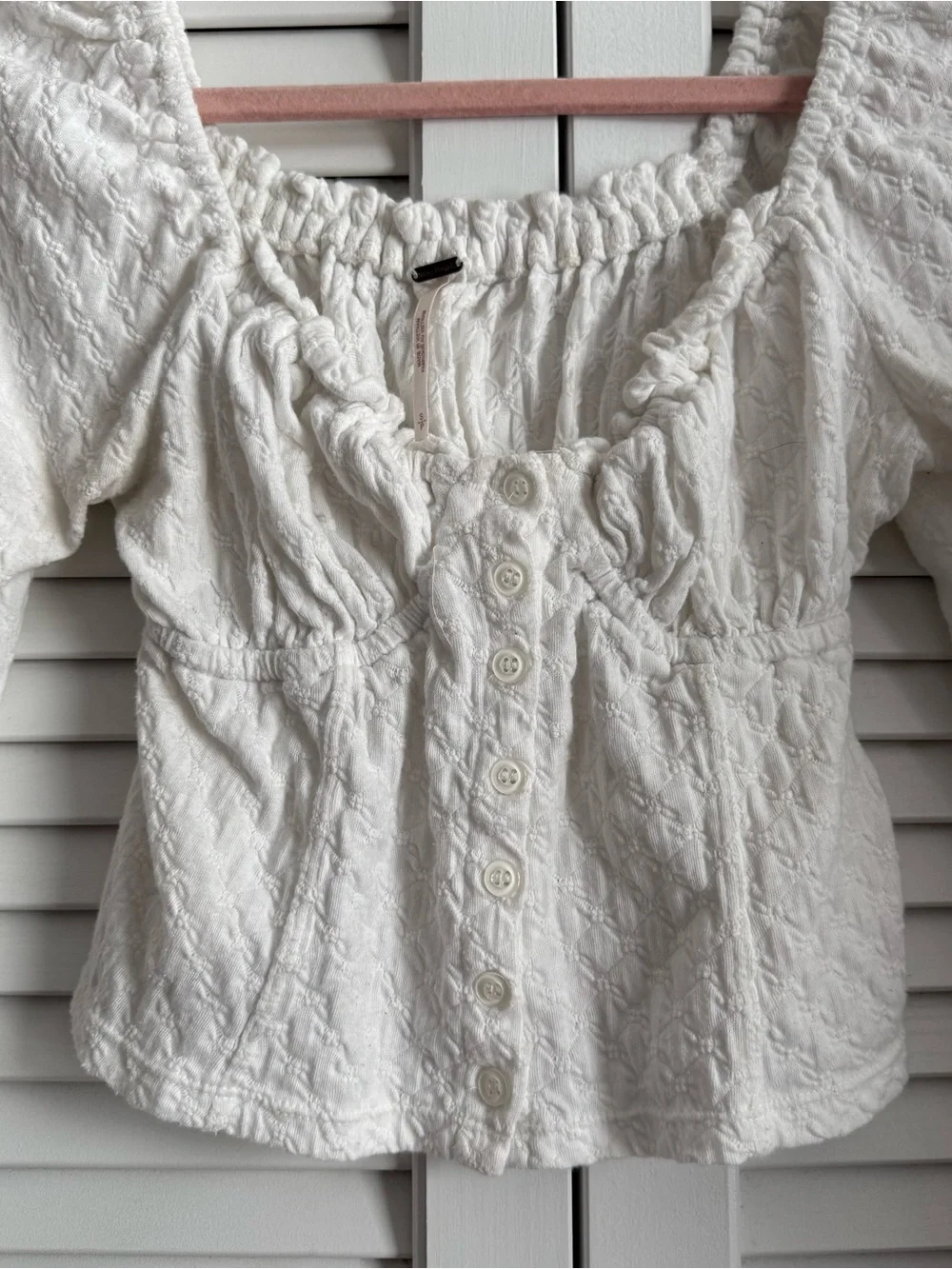 Free People White Puff-Sleeve Button Crop Top